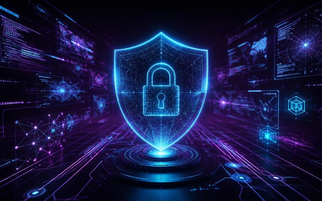 Neon holographic shield and digital lock surrounded by cyber defence dashboards